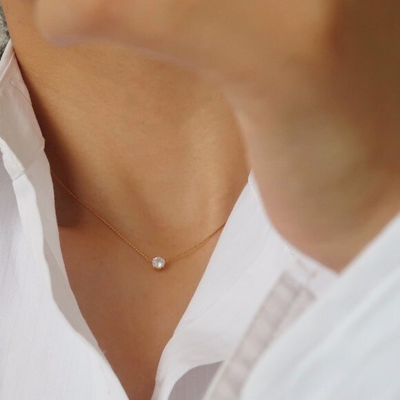 NEW Solitaire Diamond 18K Gold Plated Necklace - Picture 10 of 13